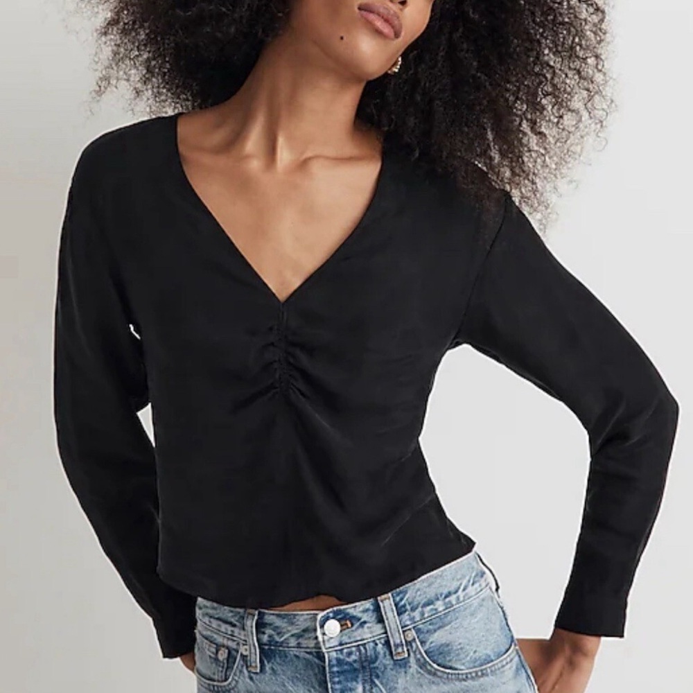 Madewell Ruched Front Black Long Sleeved Blouse Size 10